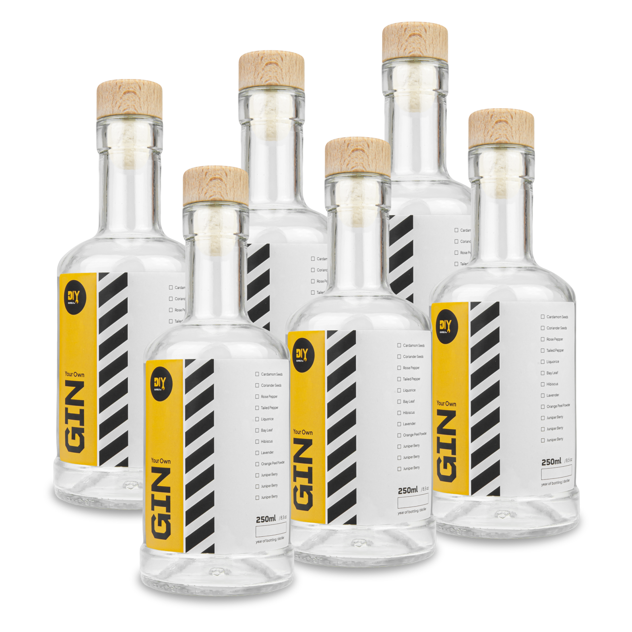 GLASS BOTTLE FOR GIN 6 PCS. WITH STICKER