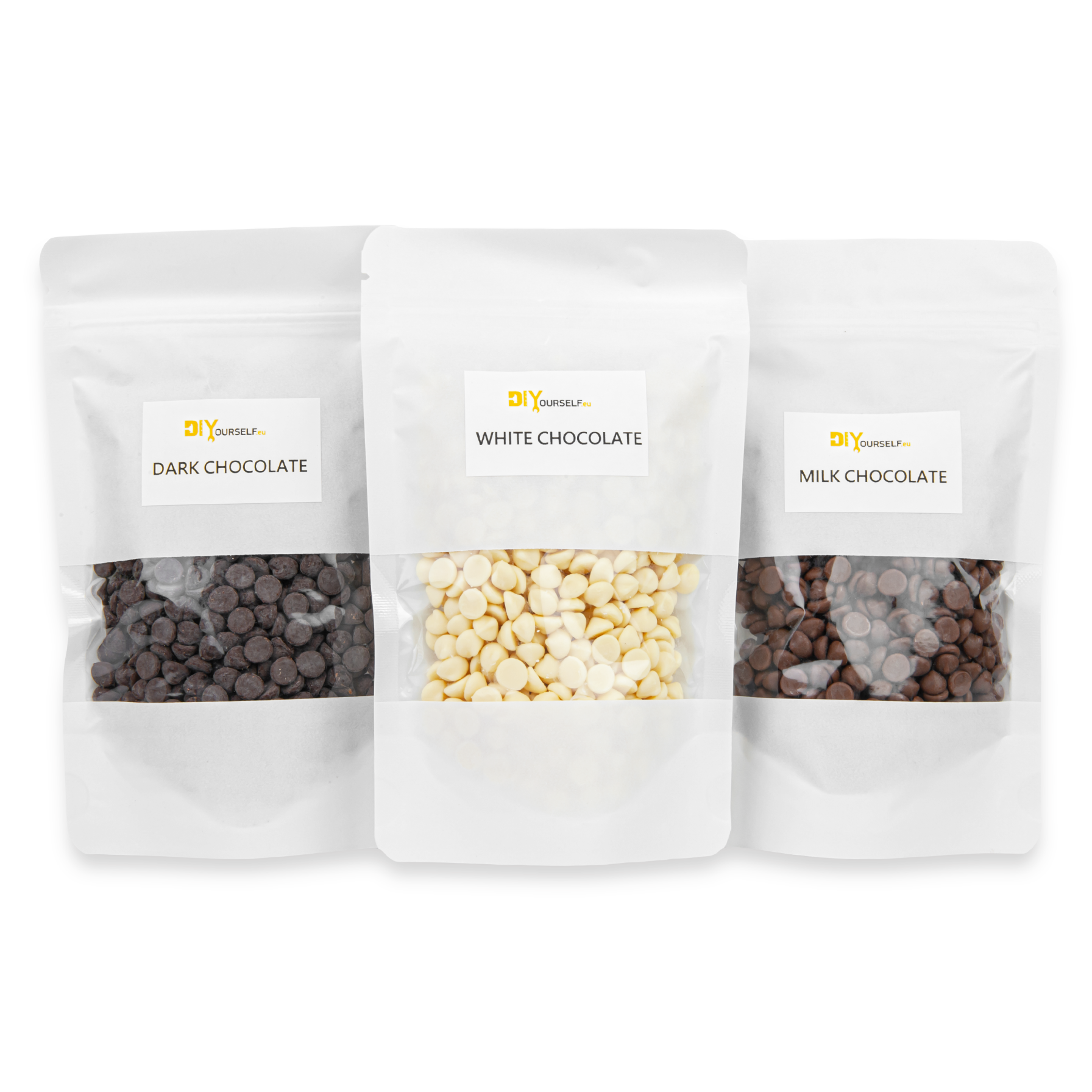 WHITE, MILK, DARK CHOCOLATE DROPS 3x 150 G PACK